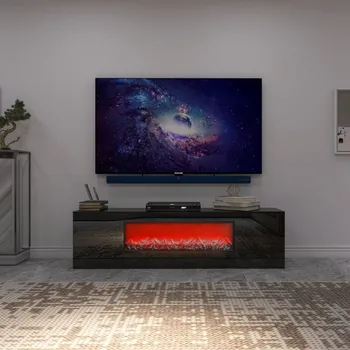 Мебель для гостиной Современный черный электрический камин Подставка для телевизора с камином, без пульта дистанционного управления и обогрева