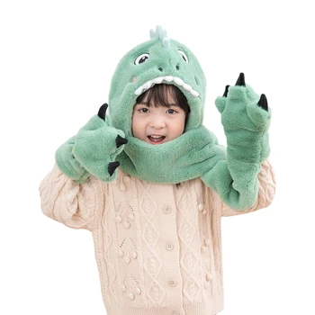 Комплект детских зимних шарфов из чистого хлопка, теплый и удобный, пушистый шарф с капюшоном в виде мультяшного динозавра с перчатками