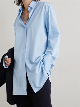 Женская синяя хлопчатобумажная рубашка с отложным воротником, женская однобортная офисная одежда, универсальные рубашки и топы