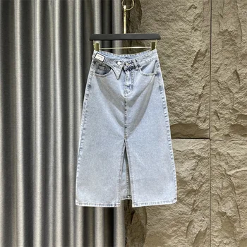 Модные женские джинсовые юбки с высокой талией, джинсовая юбка трапециевидной формы с разрезом спереди, весна-лето, однотонная женская юбка средней длины