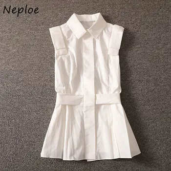 Однотонная рубашка Neploe Elegant Design Sense 2023, летняя Корейская версия, Повседневный стиль, пояс, Тонкий лацкан, плиссированный топ без рукавов