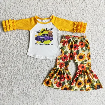 Прямая продажа с фабрики, бутик одежды RTS Baby Children Heifer, Расклешенные комплекты одежды для малышей, осенние наряды с подсолнухом