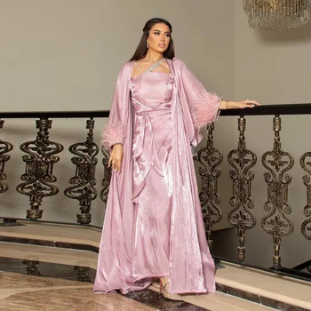 Атласное платье-тройка, мусульманские комплекты, женские вечерние длинные платья с Абайей и бриллиантами, платья, Дубай, Арабская одежда для ислама в Рамадан, Кафтан, халат