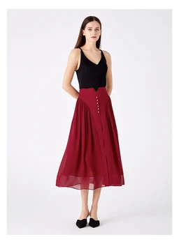 Люблю 100% Чистый шелк Тутового дерева Жоржет Винно-красные юбки Миди с натуральной талией Контрастный Жаккард Элегантная Женская Летняя юбка New CE208