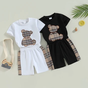 SUNSIOM/ одежда для маленьких мальчиков и девочек, летняя одежда, футболка в клетку с круглым вырезом и шортами в клетку с медведем с коротким рукавом для повседневной носки