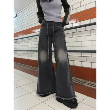 Новые модные высококачественные джинсы-клеш в стиле ретро с выстиранным краем, с высокой талией, Тонкие Прямые Свободные широкие брюки, модные