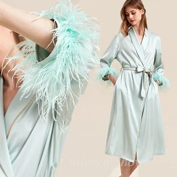 Длинное свадебное платье, женское элегантное кимоно из перьев, халат, летняя ночная рубашка, халаты для невесты, сексуальное кружевное платье для отдыха, платье для сна