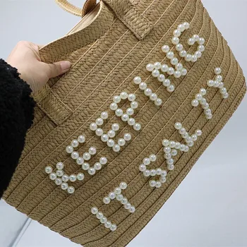 Новая плетеная сумка из соломы с вышивкой жемчугом и буквами, модная женская сумка