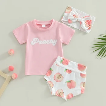 Милые комплекты одежды для маленьких девочек, футболка с буквами, Шорты с персиковым принтом, лента для волос с бантом