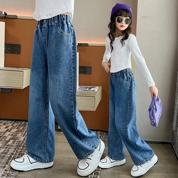 Новые весенне-осенние джинсы для девочек Подростковая мода, свободные прямые детские брюки на двух пуговицах, школьные детские брюки 6, 8, 10, 12, 13 лет