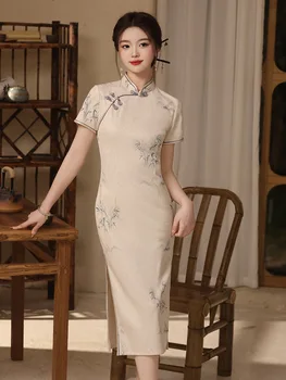 Летнее платье Чонсам с воротником-стойкой в стиле ретро, китайское традиционное ципао с коротким рукавом